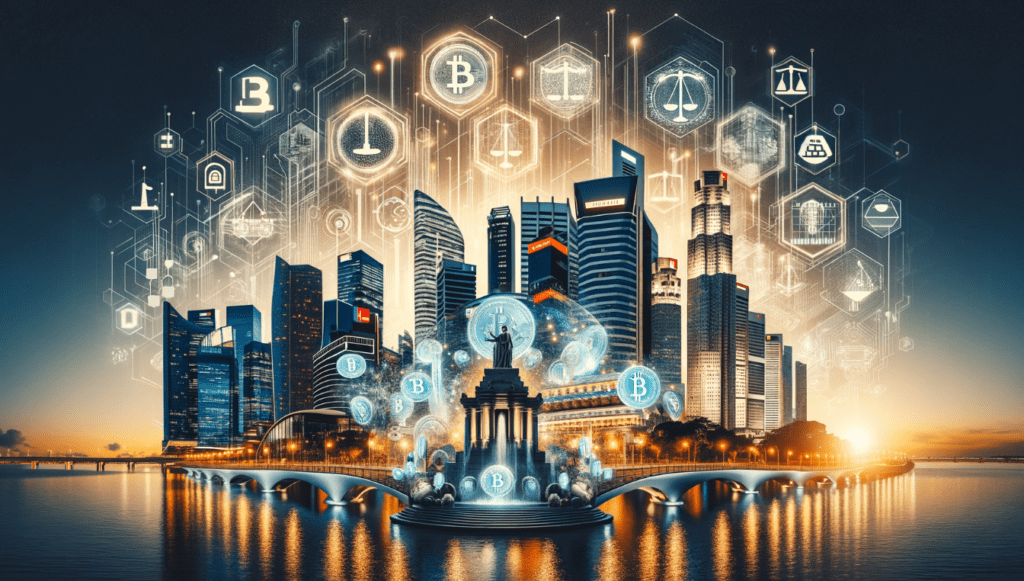 Illustration of Singapore's skyline with digital and cryptocurrency symbols