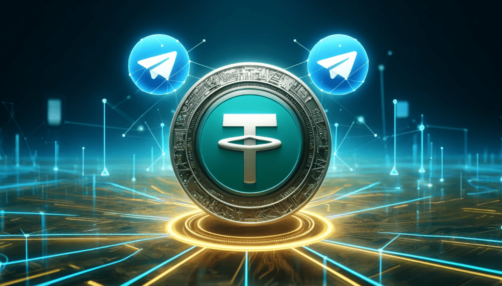 A graphic showing Tether and Telegram logos with interconnected digital nodes symbolizing their partnership