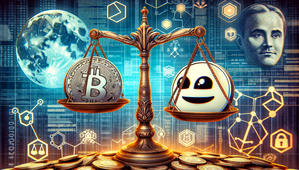 Balance scales symbolizing the regulatory impact on the crypto industry, juxtaposed with web3 elements representing the tension between meme coins and utility cryptocurrencies