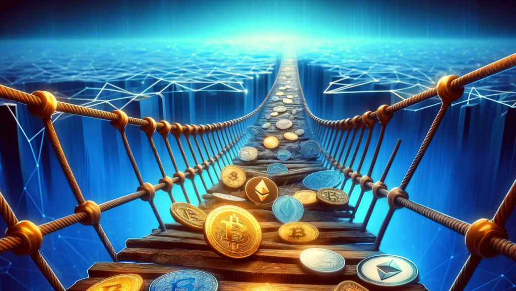 An illustration of a bridge made of blockchain links with cryptocurrency coins stuck in the middle