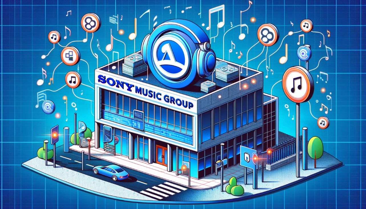 Illustration of Sony Music Group headquarters with AI elements and music notes representing copyright protection