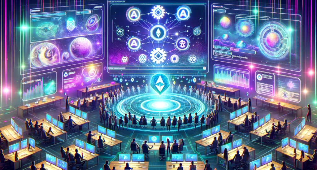 Scene depicting the Arbitrum community supporting a proposal to allocate 200 million ARB for web3 game development, featuring digital representations of ARB tokens, gaming icons, blockchain technology, and a voting interface