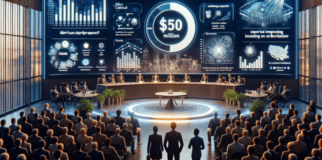 Illustration of a governance proposal meeting for the Arbitrum Startup Collective, with representatives from Elixir Capital presenting to Arbitrum governance members, blockchain technology, and startups in the background