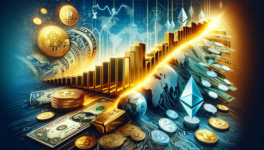 Global currencies with a focus on the U.S. dollar, gold bars, and cryptocurrency coins