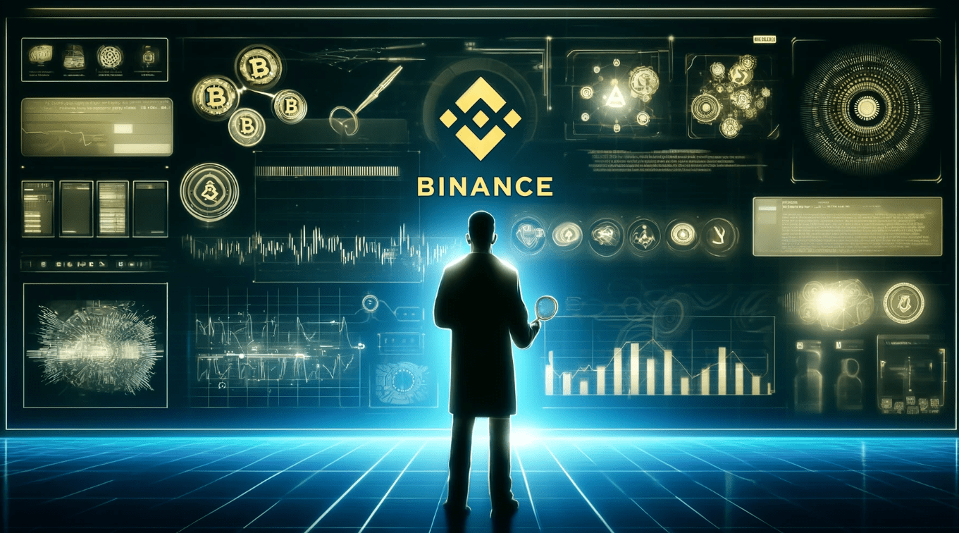 Binance logo with digital forensic tools and cryptocurrency symbols, representing the exchange's role in law enforcement collaboration