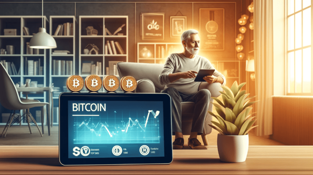 A retiree analyzing Bitcoin investment opportunities on a digital tablet, showing graphs and cryptocurrency symbols