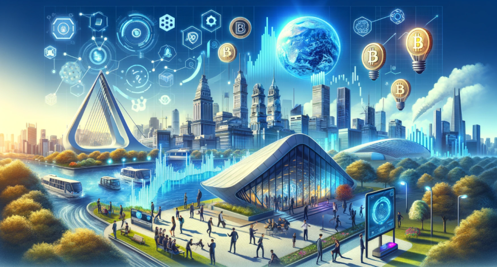 A futuristic scene of Buenos Aires with blockchain and cryptocurrency symbols, showcasing the development of a Blockchain Valley by Argentina's crypto community