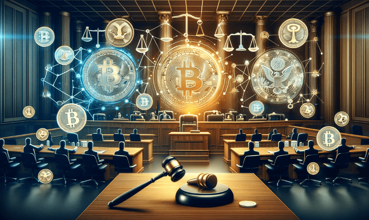 Image of a courtroom with symbols representing cryptocurrency and legal scales