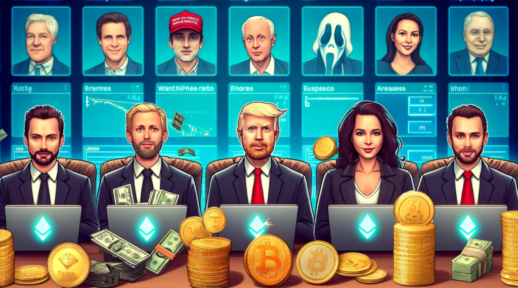 Scene showing exposed crypto portfolios of three well-known figures with cryptocurrency logos, digital wallets, and transactions on screens