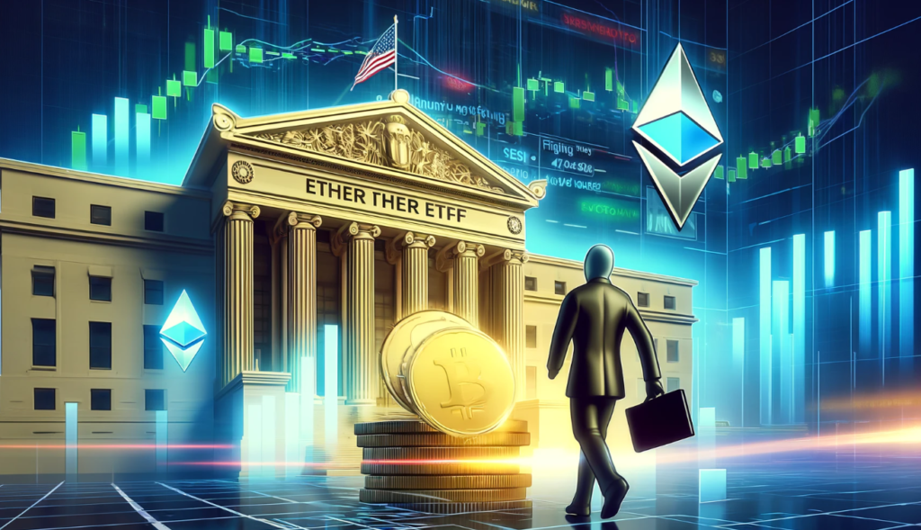 Dynamic scene showing the Ether ETF filing process with SEC building, Ether logos, and rising stock market charts