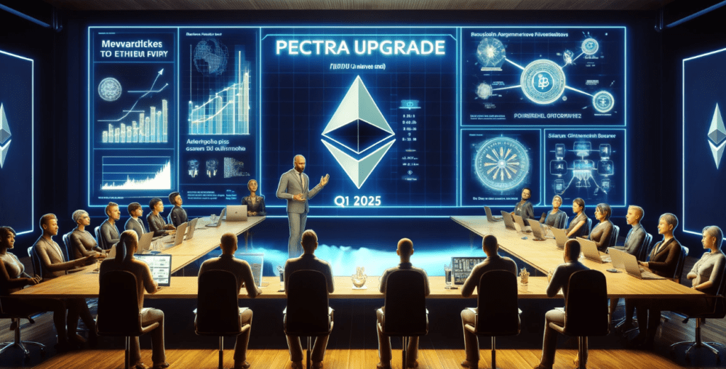 Futuristic scene depicting the rollout of the Ethereum Pectra upgrade with Ethereum logo, blockchain technology, and digital interfaces showing improvement proposals