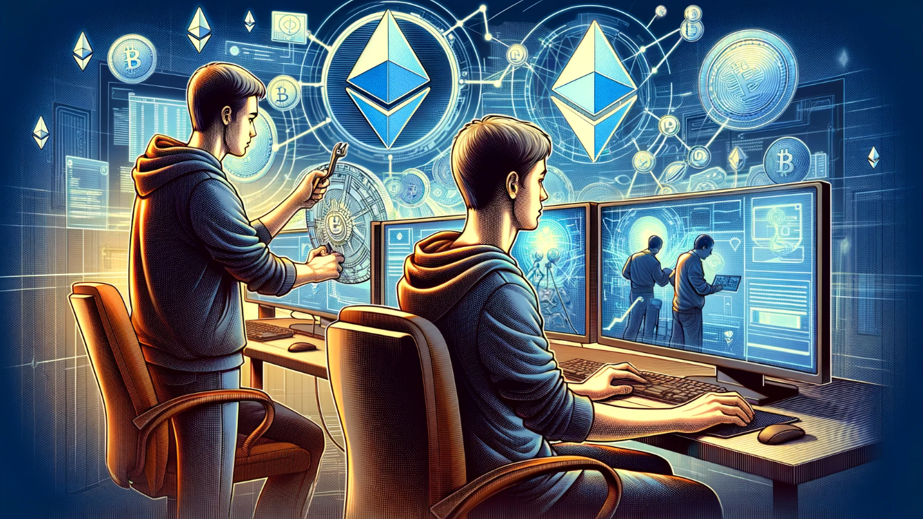 Illustration of two men exploiting blockchain technology on the Ethereum network