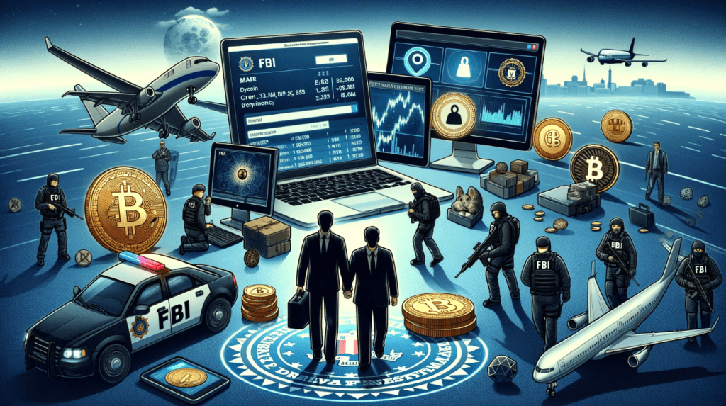 Scene depicting the FBI's operation to dismantle a $100 million dark web marketplace, with FBI agents tracking crypto transfers and arresting a suspect