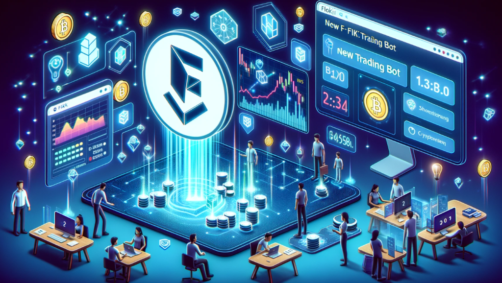 Scene depicting the launch of a new trading bot by Floki developers, with Floki logo, digital trading bot representations, and charts illustrating token transactions and fees