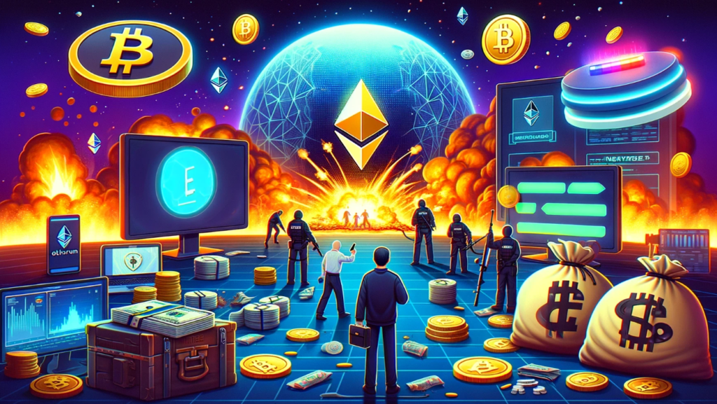 Scene depicting the aftermath of a $240 million token exploit in Gala Games, with Gala Games logo, digital wallets, Ethereum logos, blockchain security measures, and web3 elements or charts