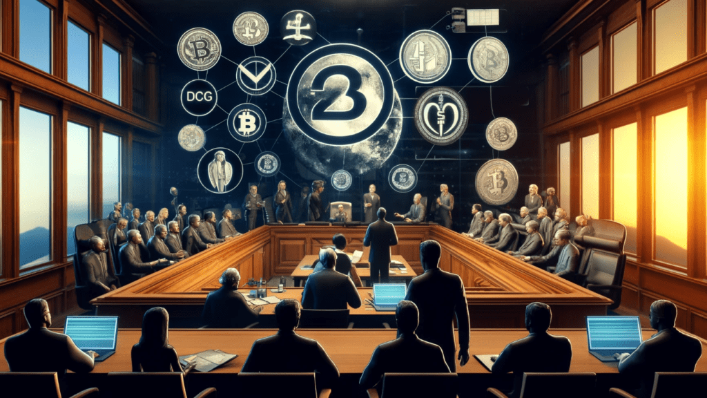 Scene depicting a large financial settlement related to the crypto industry, with Genesis and DCG logos, documents, cryptocurrency symbols, web3 elements, and users receiving repayment