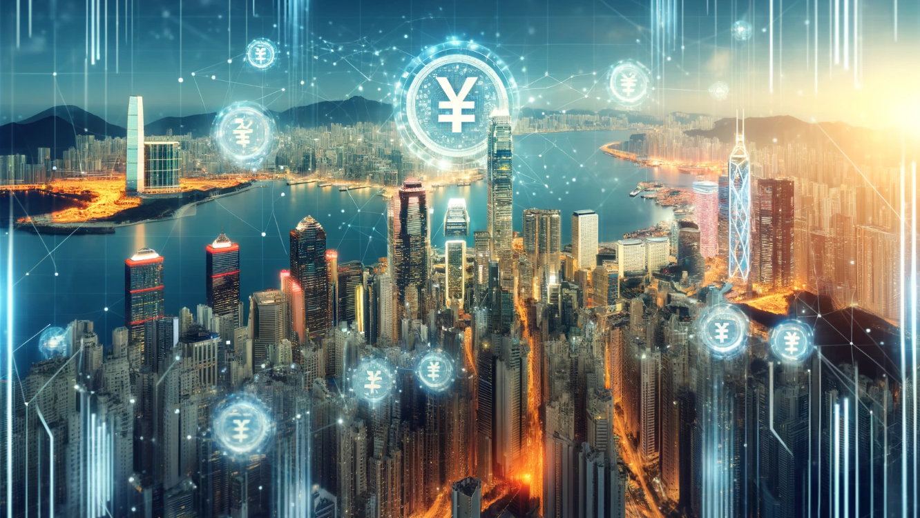 Digital representation of Hong Kong with digital yuan symbols and interconnected data streams, highlighting the launch of China's digital yuan pilot in Hong Kong