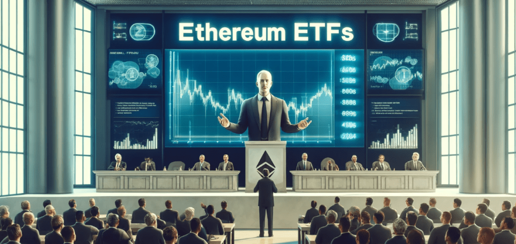 Scene depicting Michael Saylor discussing the approval of Ethereum ETFs as a victory for the crypto industry, with Ethereum and Bitcoin logos, ETF symbols, and a podcast setting