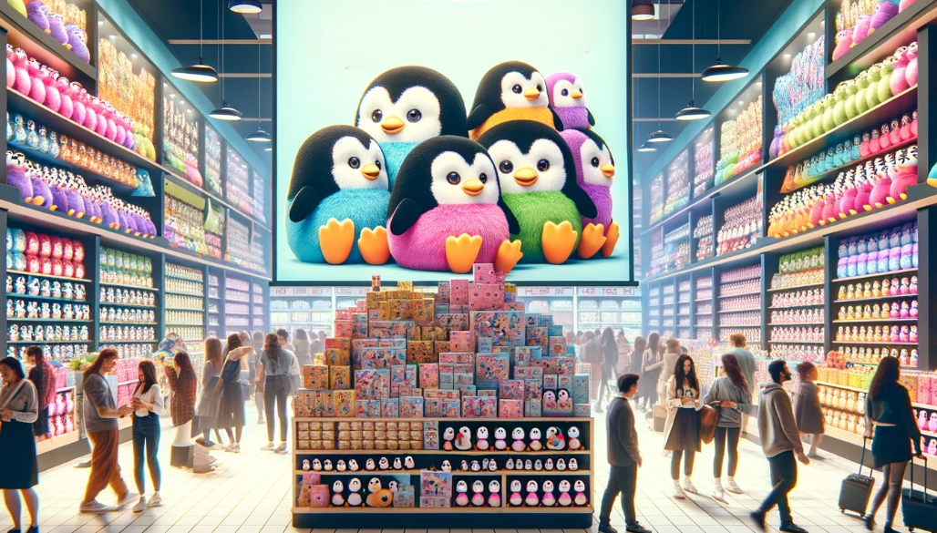 Display of Pudgy Penguins plush toys in a retail setting