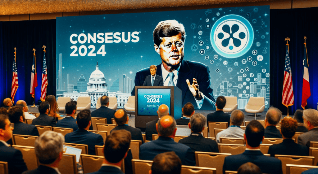 Robert F. Kennedy Jr. speaking at a press conference during Consensus 2024 with cryptocurrency symbols in the background