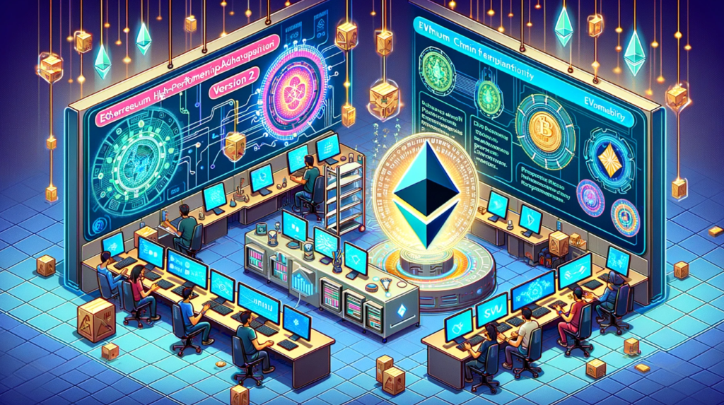 Scene depicting the Sei blockchain undergoing an upgrade to version 2 with EVM compatibility, featuring blockchain networks, Ethereum logos, and high-performance features