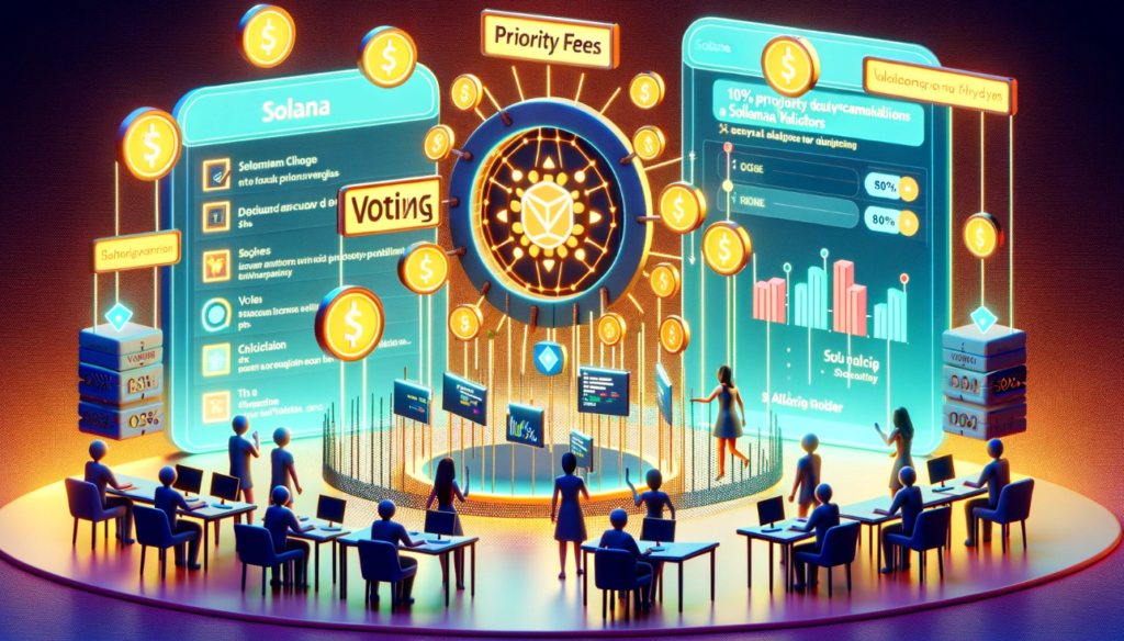 Scene depicting Solana validators voting to allocate 100% priority fees to validators, with Solana logo, digital voting interface, and charts representing priority fees.