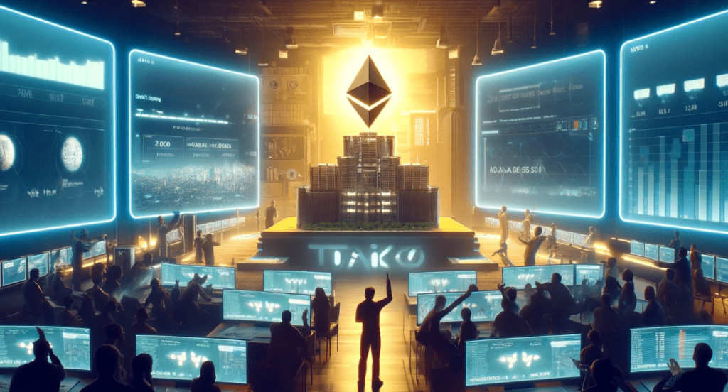 Scene depicting the launch of Taiko on the Ethereum mainnet with digital representations of security and scalability, and users interacting with the network