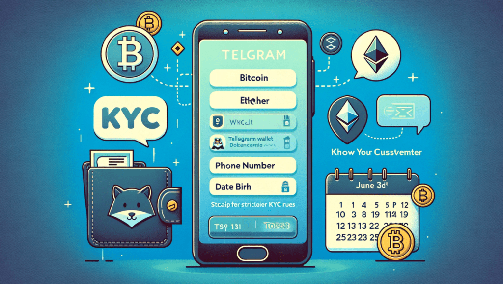 Telegram Wallet interface on a smartphone with Bitcoin, Ether, and Toncoin icons, highlighting ID verification, phone number entry, and date of birth input with a calendar marking June 3rd