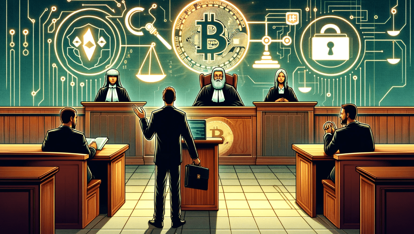 A courtroom scene with a developer appealing a verdict, symbolizing the legal battle over Tornado Cash and crypto privacy issues