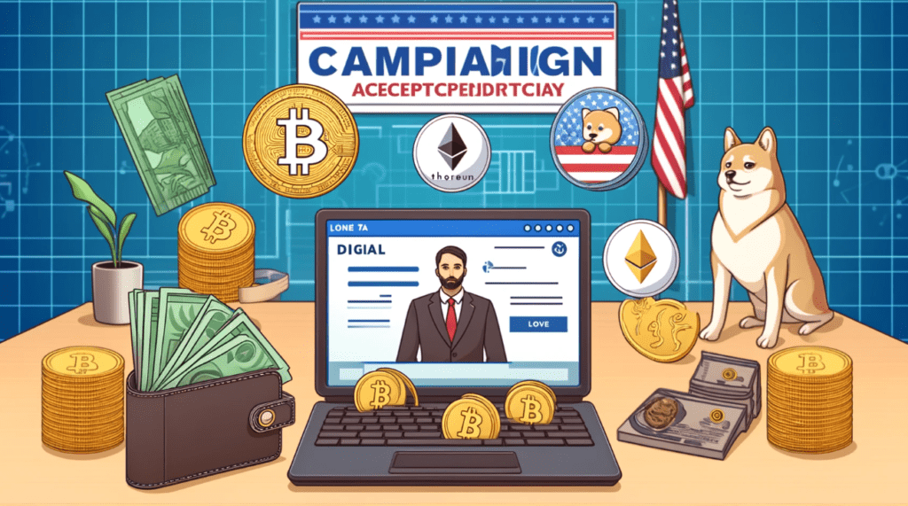 A scene showing a political campaign accepting cryptocurrency donations, featuring digital wallets and logos of various cryptocurrencies