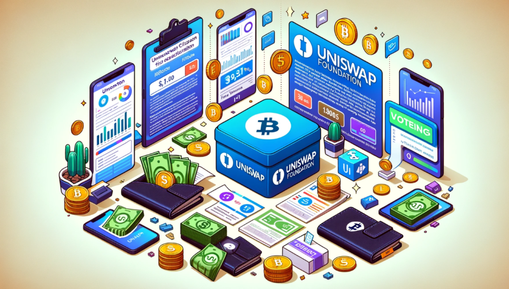 Scene depicting Uniswap Foundation's financial disclosures and upcoming vote on the fee switch, with Uniswap logo, digital wallets, UNI tokens, and a voting interface