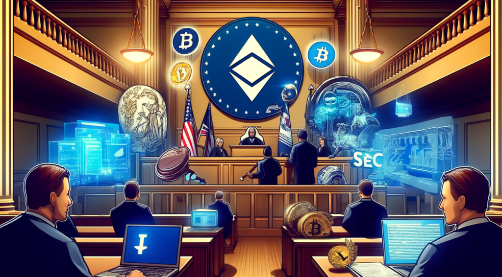 A scene depicting Uniswap's legal confrontation with the SEC, featuring courtroom elements, cryptocurrency symbols, and DeFi technology