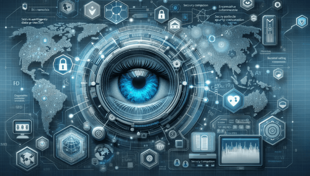 Graphic of secure data encryption and biometric scanning technology