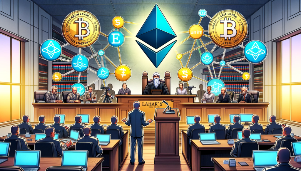 Digital illustration showing a dispute between Ethereum layer-2 solutions Linea and Matter Labs over the ZK trademark, set in a blockchain-themed courtroom.