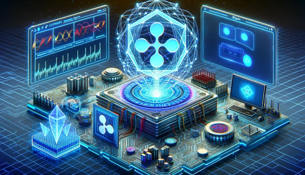 Futuristic scene depicting a blockchain system secured with quantum-resistant cryptography, featuring Ripple's logo and quantum computing elements.