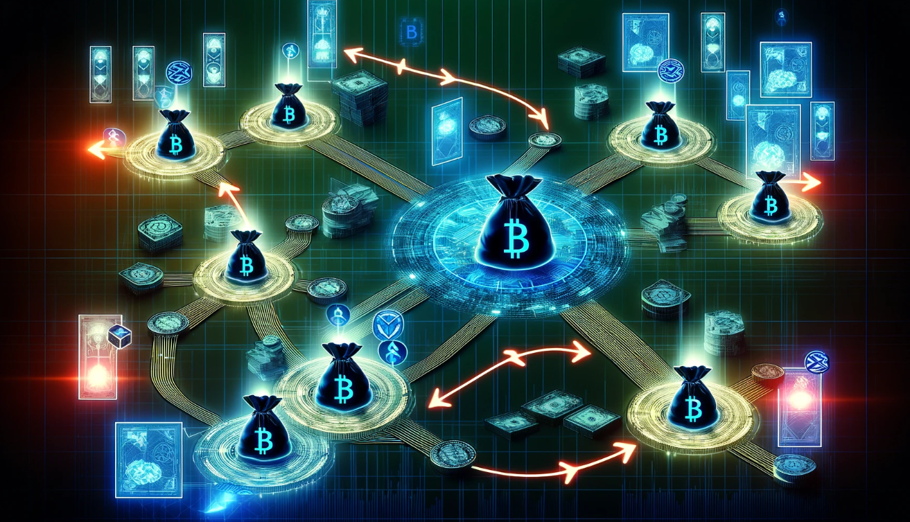 Digital representation of stolen crypto funds being funneled into decentralized finance protocols in 2023