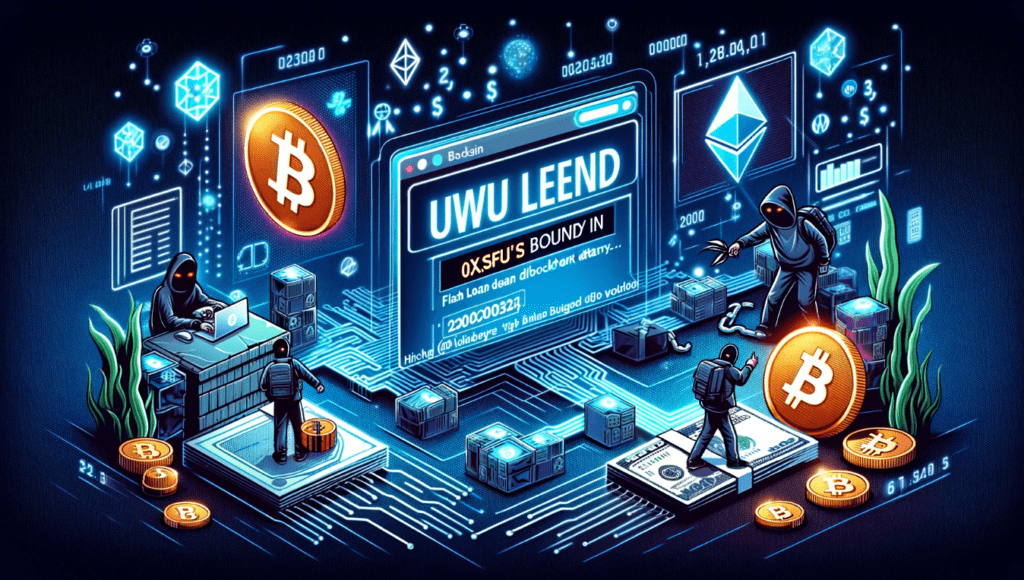 Illustration showing UwU Lend exploit and 0xSifu's bounty offer, with elements of flash loan attack, blockchain security, and cryptocurrency