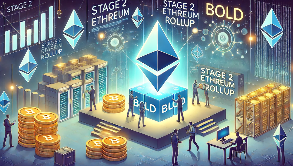 Illustration depicting Arbitrum's transition to a Stage 2 Ethereum rollup with the implementation of BOLD, highlighting elements of technology stack, validators, and enhanced security measures