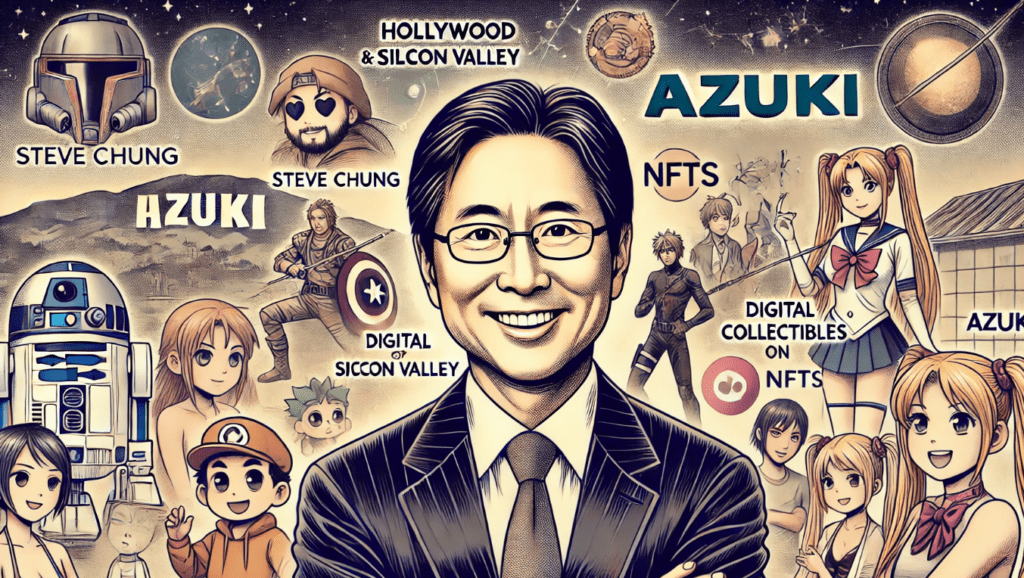 Illustration of Steve Chung, the new COO of Azuki, with a backdrop featuring anime-themed Azuki characters, Hollywood, and Silicon Valley symbols, highlighting digital collectibles and NFTs