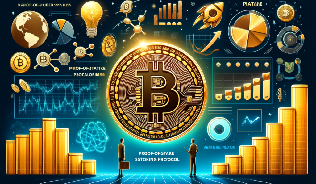 An illustration of Babylon's Bitcoin staking protocol featuring the Bitcoin symbol surrounded by elements of proof-of-stake systems, venture capital firms, and financial growth charts with a background suggesting a decentralized economy