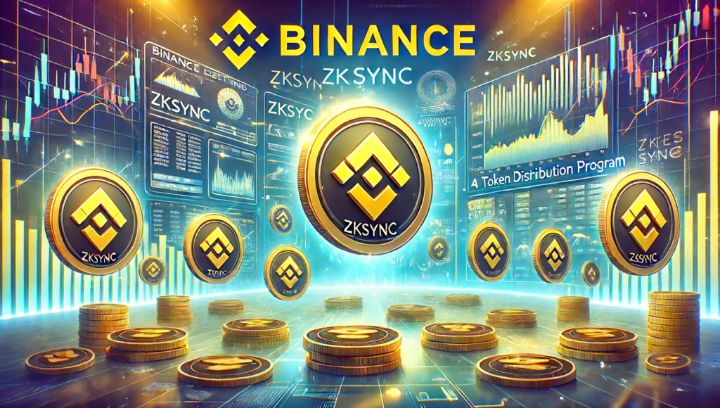 Illustration of Binance listing ZKsync with a token distribution program, featuring Binance platform, ZKsync tokens, and trading pairs