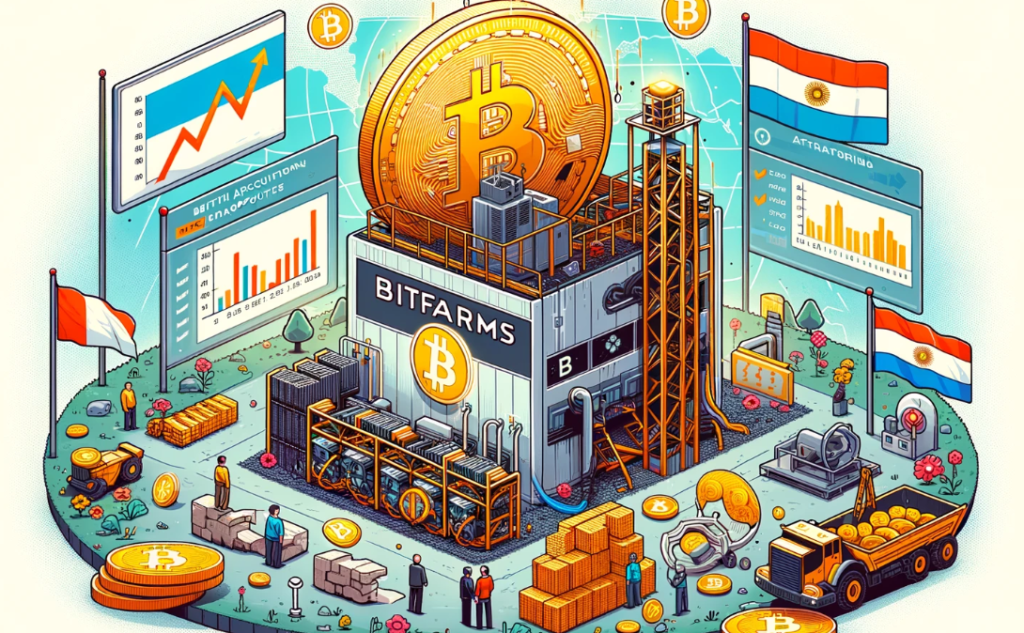 Illustration of Bitfarms' Bitcoin mining facility with equipment, a graph showing revenue drop, Bitcoin symbols, and elements representing Bitcoin halving and Riot Platforms acquisition proposal