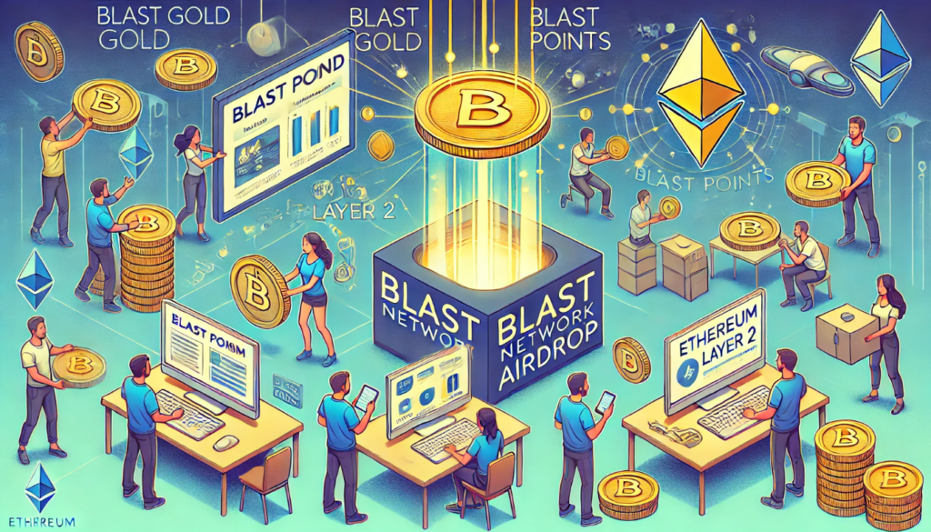 Illustration of the Blast network preparing for its upcoming token airdrop, featuring Blast Gold and Blast Points distribution, Ethereum Layer 2 symbols, and users interacting with the Blast dashboard