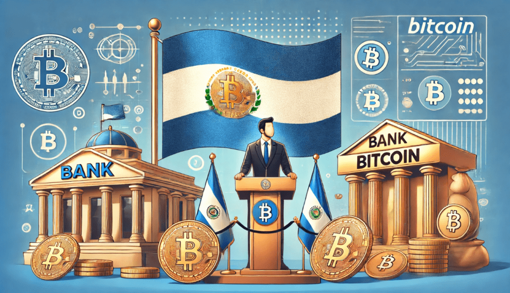 Illustration of President Nayib Bukele proposing the establishment of a Bitcoin bank in El Salvador, with symbols of Bitcoin, traditional banking, and the Salvadoran flag