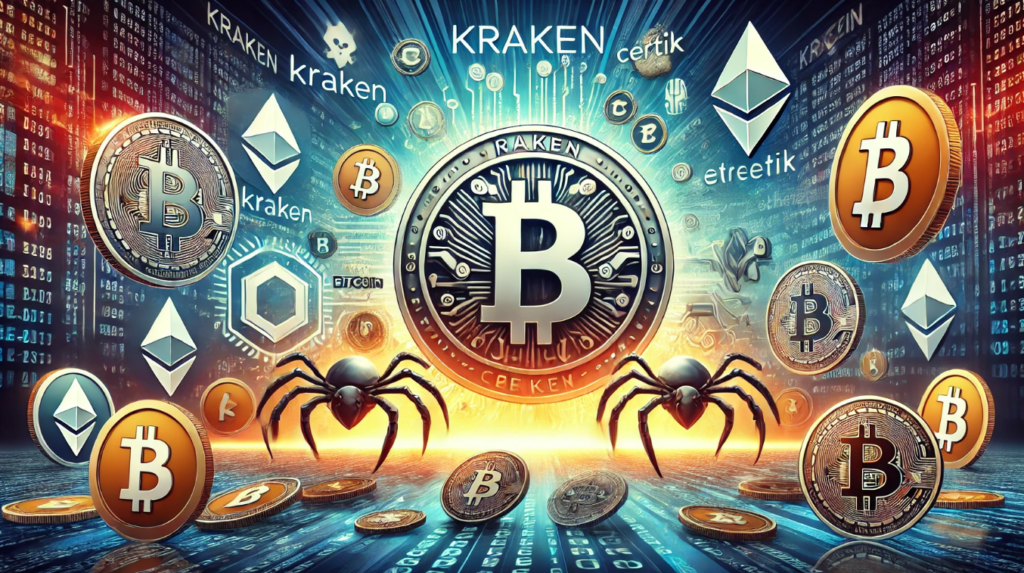 Illustration of Kraken and Certik logos with a background of cryptocurrency symbols, depicting the return of funds and the controversy surrounding the bug bounty report