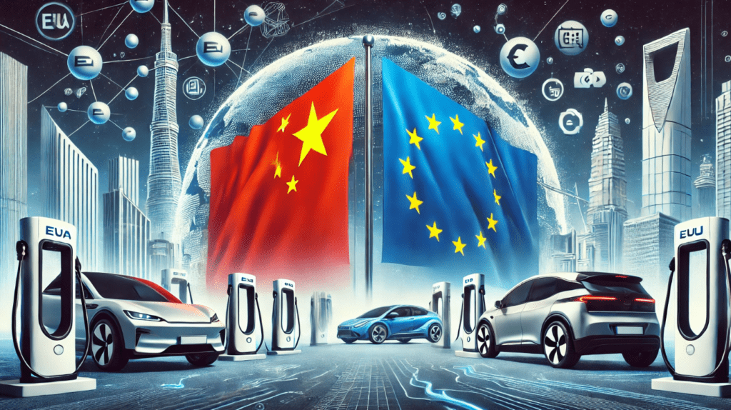 Illustration of China and EU flags with electric vehicles in the background