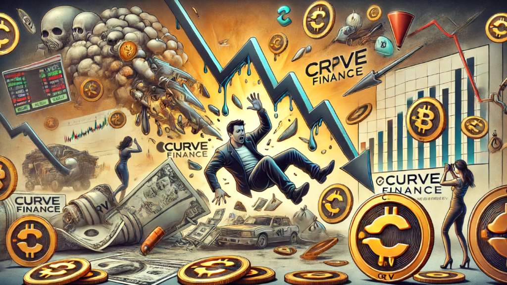 Illustration depicting the sharp decline in CRV price following the liquidation of Curve Finance founder Michael Egorov's multi-million dollar positions, with elements of CRV tokens, plummeting stock market graphs, and symbols of liquidation