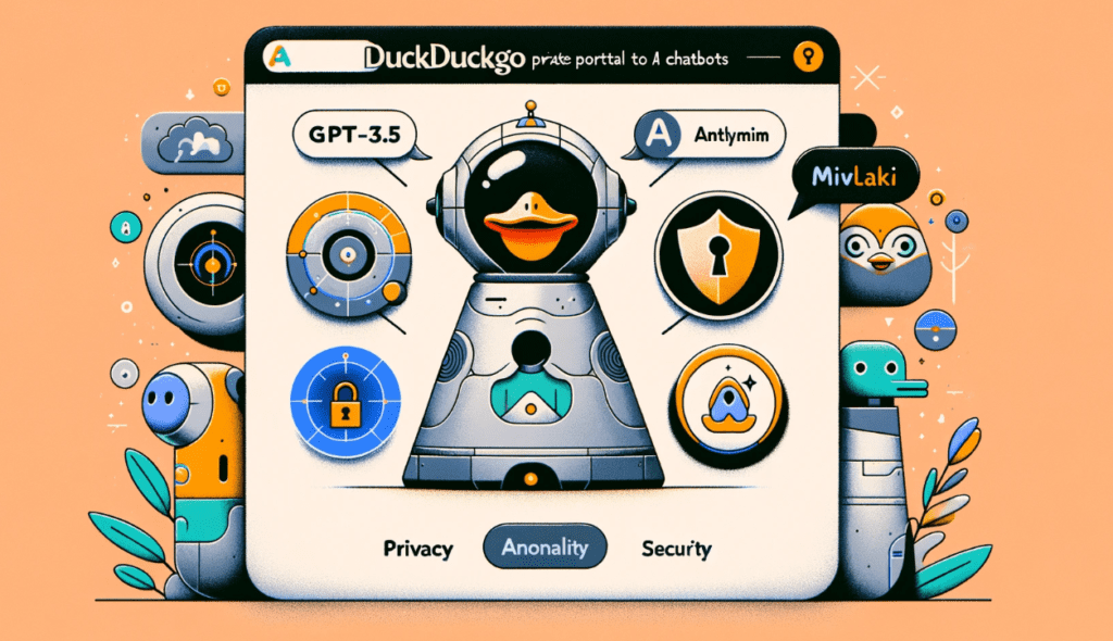 Illustration of DuckDuckGo's private portal to AI chatbots, showing DuckDuckGo logo with privacy and anonymity elements, and representations of AI chatbots