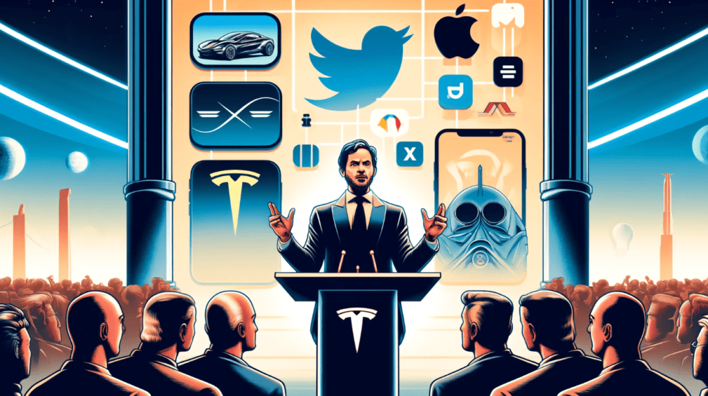 Illustration of Elon Musk threatening to ban Apple devices from his companies if they integrate OpenAI, featuring Tesla and SpaceX logos with Apple devices and AI symbols