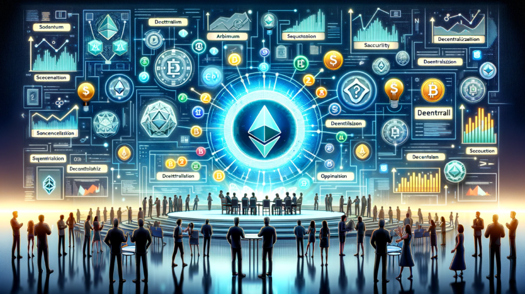 Illustration of the debate over decentralizing sequencers in Ethereum Layer 2 solutions, showing Ethereum, Arbitrum, Optimism, and elements of blockchain security and decentralization